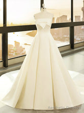 Simple White Satin Strapless Lotus Leaf Wedding Dress